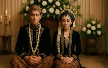 Sepasang pengantin Jawa dalam balutan busana adat saat prosesi pernikahan, ilustrasi tradisi menghitung weton pernikahan Wage Pahing