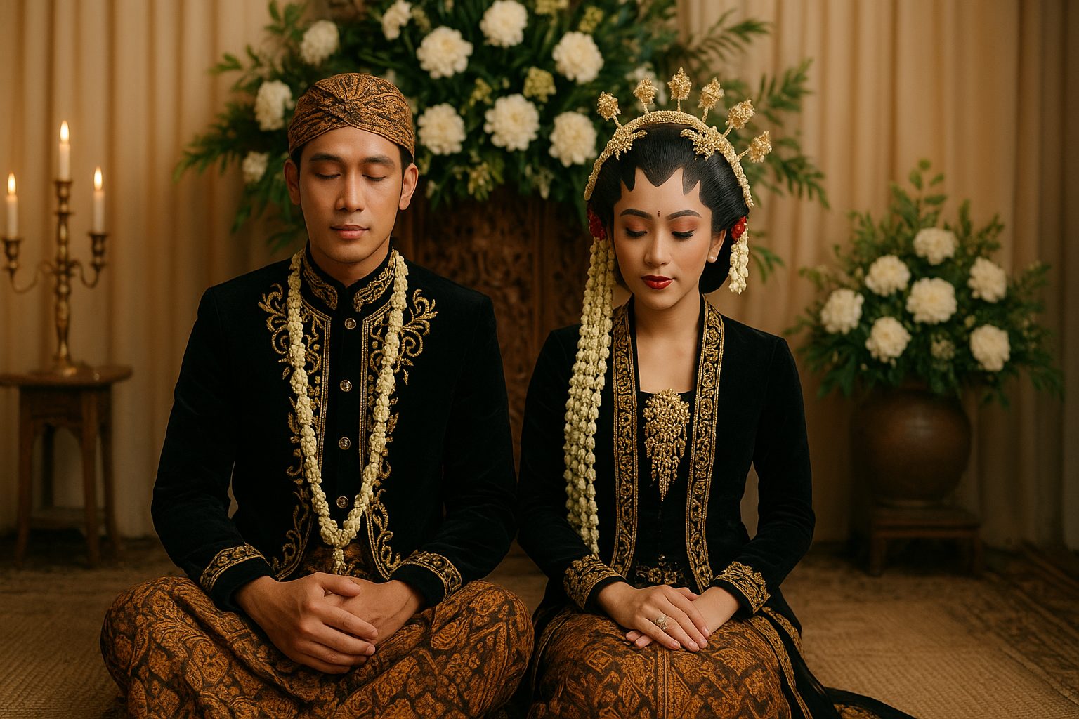 Sepasang pengantin Jawa dalam balutan busana adat saat prosesi pernikahan, ilustrasi tradisi menghitung weton pernikahan Wage Pahing