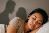 Seorang perempuan muda sedang tertidur dengan gelisah, sementara bayangan suaminya terlihat sedang selingkuh dengan mantan. Ilustrasi ini menggambarkan keresahan dan kecemasan yang muncul dalam mimpi, sesuai dengan tafsir dan arti mimpi suami selingkuh dengan mantan menurut primbon Jawa maupun psikologi modern.