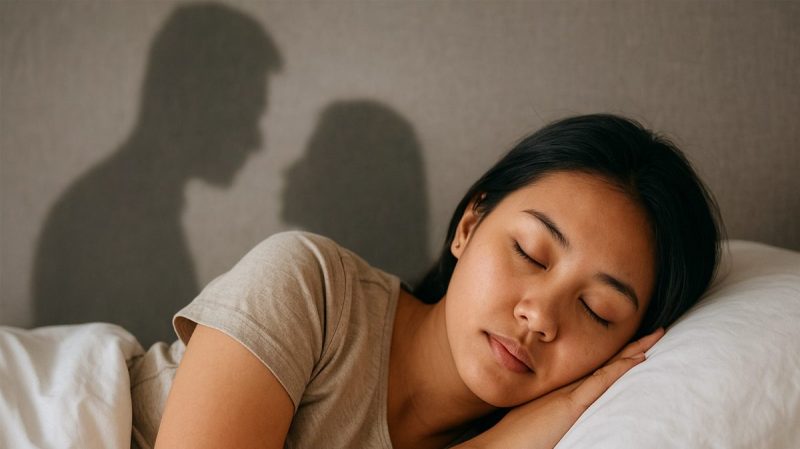 Seorang perempuan muda sedang tertidur dengan gelisah, sementara bayangan suaminya terlihat sedang selingkuh dengan mantan. Ilustrasi ini menggambarkan keresahan dan kecemasan yang muncul dalam mimpi, sesuai dengan tafsir dan arti mimpi suami selingkuh dengan mantan menurut primbon Jawa maupun psikologi modern.