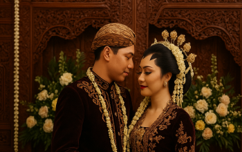 Pengantin adat Jawa dalam upacara pernikahan Wage Pahing dengan busana tradisional dan ornamen klasik Jawa.