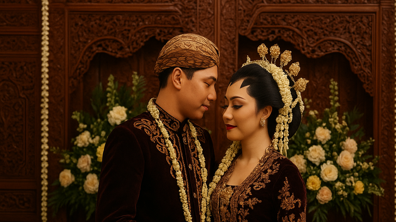Pengantin adat Jawa dalam upacara pernikahan Wage Pahing dengan busana tradisional dan ornamen klasik Jawa.