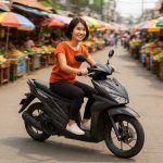 Seorang Perempuan mengendarai Honda BeAT 2025 di jalan pasar, ilustrasi untuk artikel harga Honda BeaT Oktober 2025.