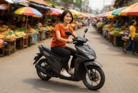 Seorang perempuan sedang mengendarai Honda BeaT terbaru 2025 di jalan pasar tradisional. Gambar ini menggambarkan gaya hidup anak muda perkotaan yang dinamis dengan motor matic irit dan stylish.