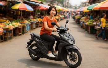 Seorang Perempuan mengendarai Honda BeAT 2025 di jalan pasar, ilustrasi untuk artikel harga Honda BeaT Oktober 2025.
