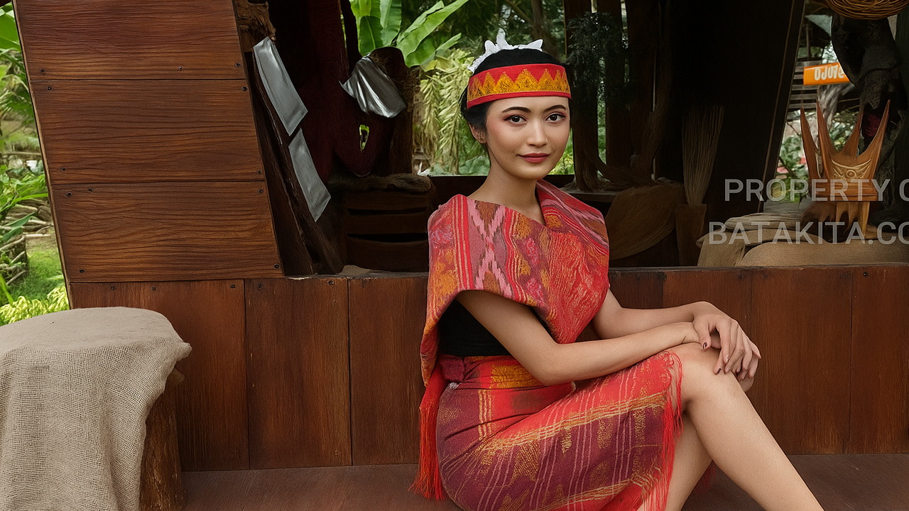 wanita mengenakan ulos Batak di depan rumah adat melambangkan marga Batak tertinggi