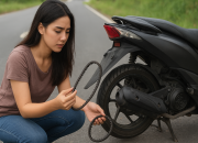 Perempuan memeriksa rantai motor matic rusak di jalan