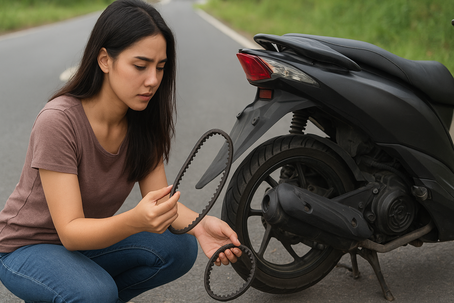 Perempuan memeriksa rantai motor matic rusak di jalan