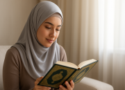 Perempuan berhijab membaca Al-Qur’an saat mempelajari tafsir Surat Maryam Ayat 1-11.