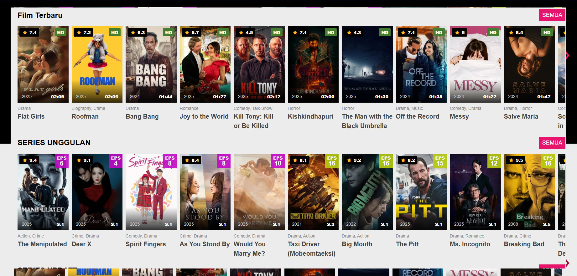 Tampilan situs film Indonesia ilegal dengan daftar film dan serial terbaru tahun 2025.