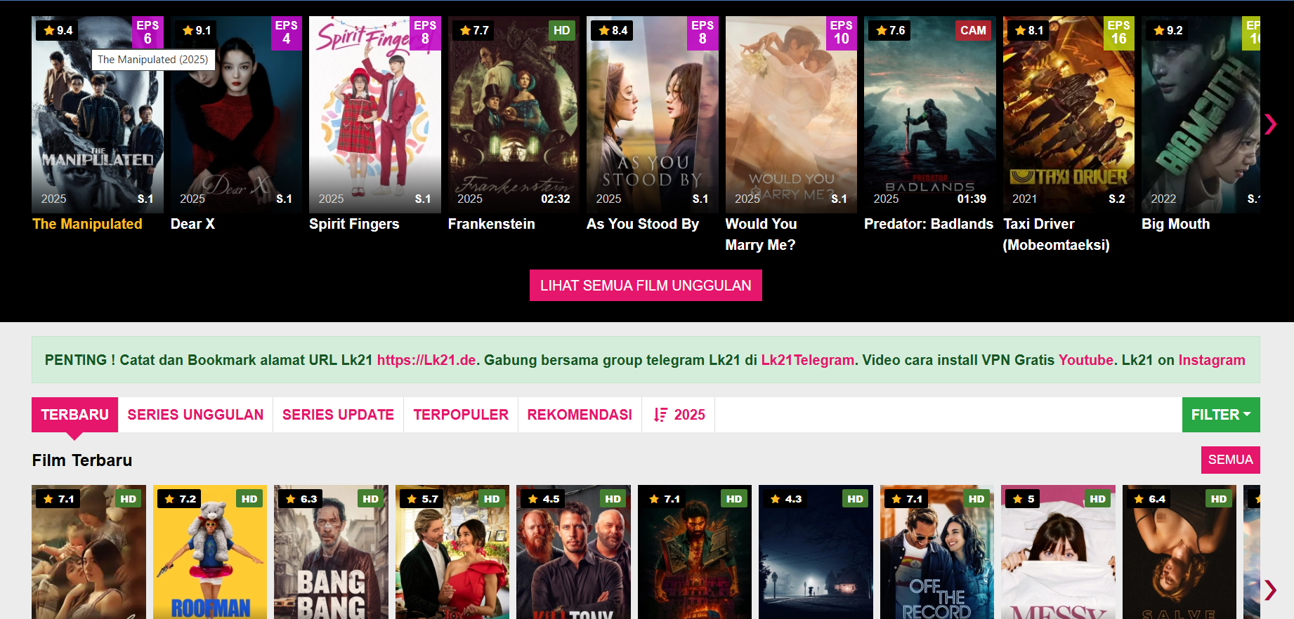 Tampilan situs film Indonesia ilegal dengan daftar film dan serial terbaru tahun 2025.