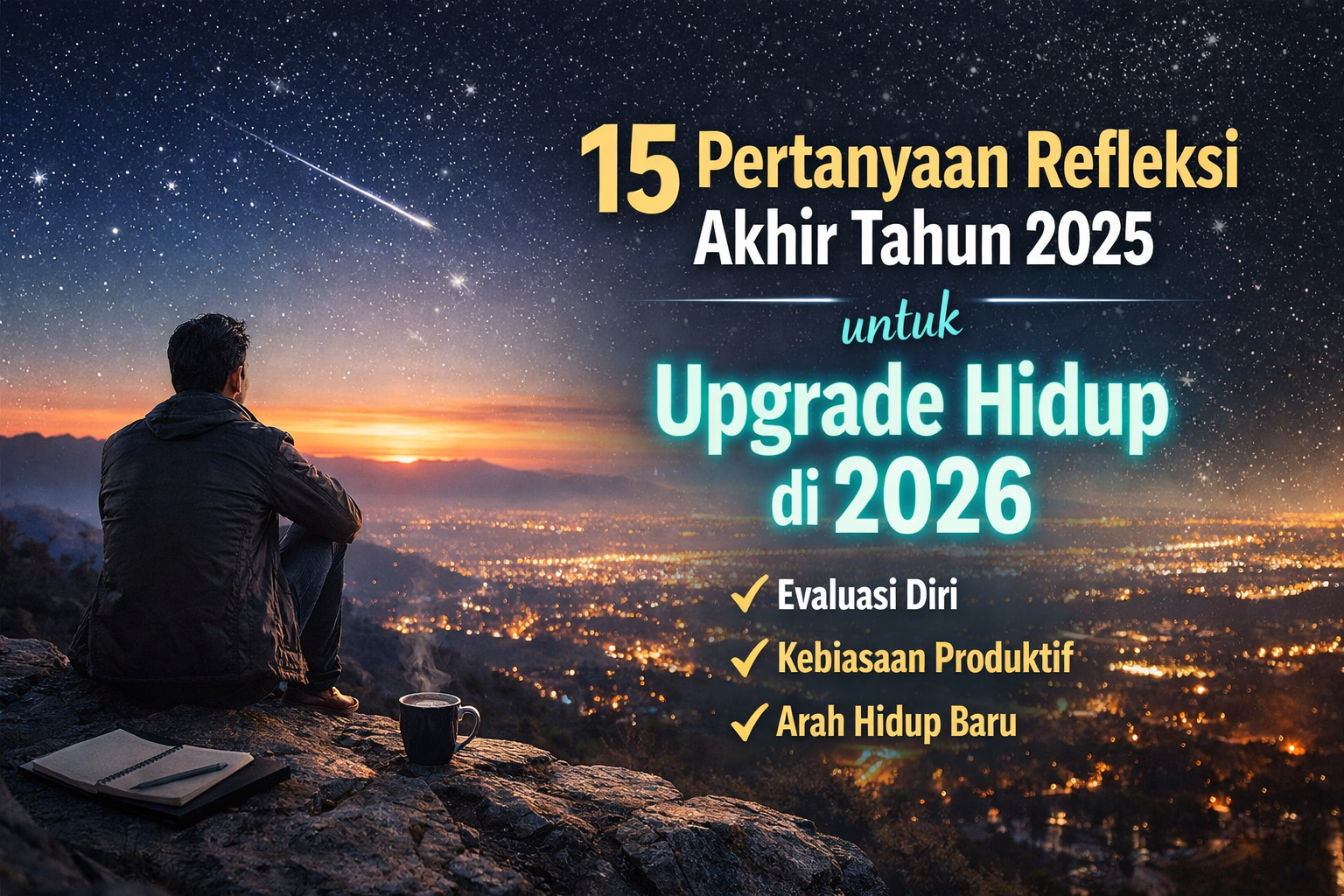 Refleksi akhir tahun 2025, seseorang duduk di tebing saat matahari terbenam sambil menulis jurnal evaluasi hidup untuk upgrade diri menyambut 2026.