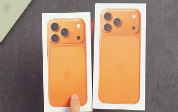 Gambar iPhone 17 Pro Max KW HDC warna oranye dalam box, tiruan High Detailed Copy berbasis Android yang banyak beredar di marketplace Indonesia dan berisiko penipuan COD.