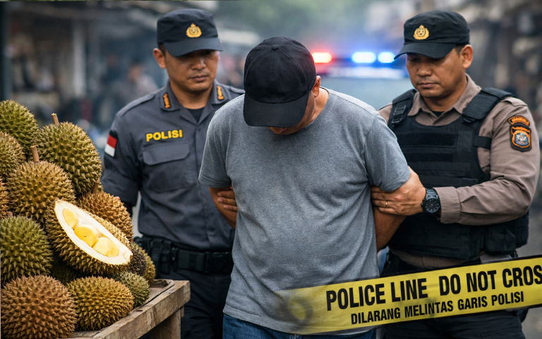 Ilustrasi penangkapan seorang pedagang durian di Kota Binjai yang diduga terlibat kasus pelecehan seksual terhadap dua wanita. Pelaku kini ditahan Polres Binjai untuk menjalani proses hukum.