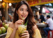 Roco Timun minuman tradisional khas Medan segar, kelapa muda mentimun gula aren, kuliner otentik Sumatera Utara di warung jalanan kota Medan