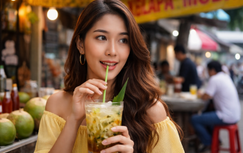 Roco Timun minuman tradisional khas Medan segar, kelapa muda mentimun gula aren, kuliner otentik Sumatera Utara di warung jalanan kota Medan