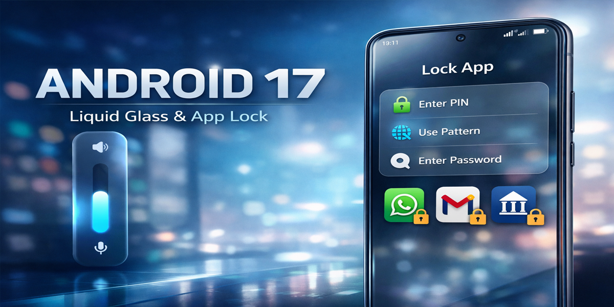 Ilustrasi Android 17 yang menampilkan desain antarmuka Liquid Glass dengan efek transparan serta fitur App Lock untuk meningkatkan keamanan dan privasi aplikasi pengguna.