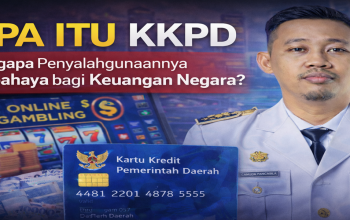 Ilustrasi berita apa itu KKPD menampilkan aparatur pemerintah daerah, kartu kredit pemerintah daerah, dan simbol judi online sebagai gambaran penyalahgunaan KKPD yang berbahaya bagi keuangan negara.