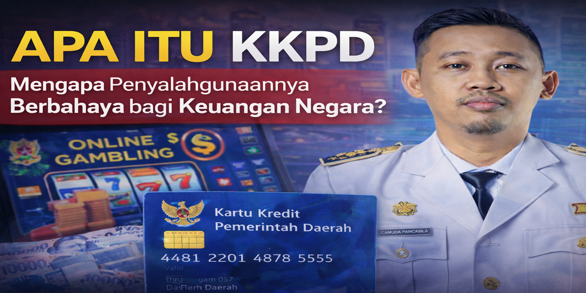 Ilustrasi berita apa itu KKPD menampilkan aparatur pemerintah daerah, kartu kredit pemerintah daerah, dan simbol judi online sebagai gambaran penyalahgunaan KKPD yang berbahaya bagi keuangan negara.