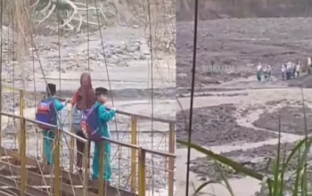 Miris! Anak-anak Sekolah di Aceh Tengah Terpaksa Meniti Jembatan Rusak Demi Bersekolah