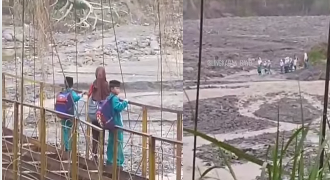 Sejumlah anak-anak meniti jembatan rusak Aceh Tengah di Desa Segene Balik, Kecamatan Kute Penang, demi bisa bersekolah dan beraktivitas.