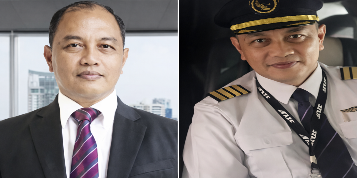 Kapten Andy Dahananto, pilot ATR 42-500 Indonesia Air Transport, mengenakan seragam pilot dan jas formal, sosok kapten pesawat yang hilang kontak di Maros Sulawesi Selatan.