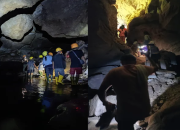 Wisatawan menjelajahi lorong bawah tanah beraliran air di Seribu Goa Banuarea, Humbang Hasundutan, Sumatera Utara, saat aktivitas susur goa (caving) di kawasan goa kapur yang masih alami.
