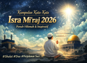 Ilustrasi bertema kata-kata Isra Mi’raj 2026 menampilkan Masjidil Haram dan Masjidil Aqsa di malam bercahaya bulan dan bintang, dengan tangga cahaya menuju langit, cocok sebagai visual pendukung untuk unggahan caption kata-kata Isra Mi’raj 2026 di media sosial.