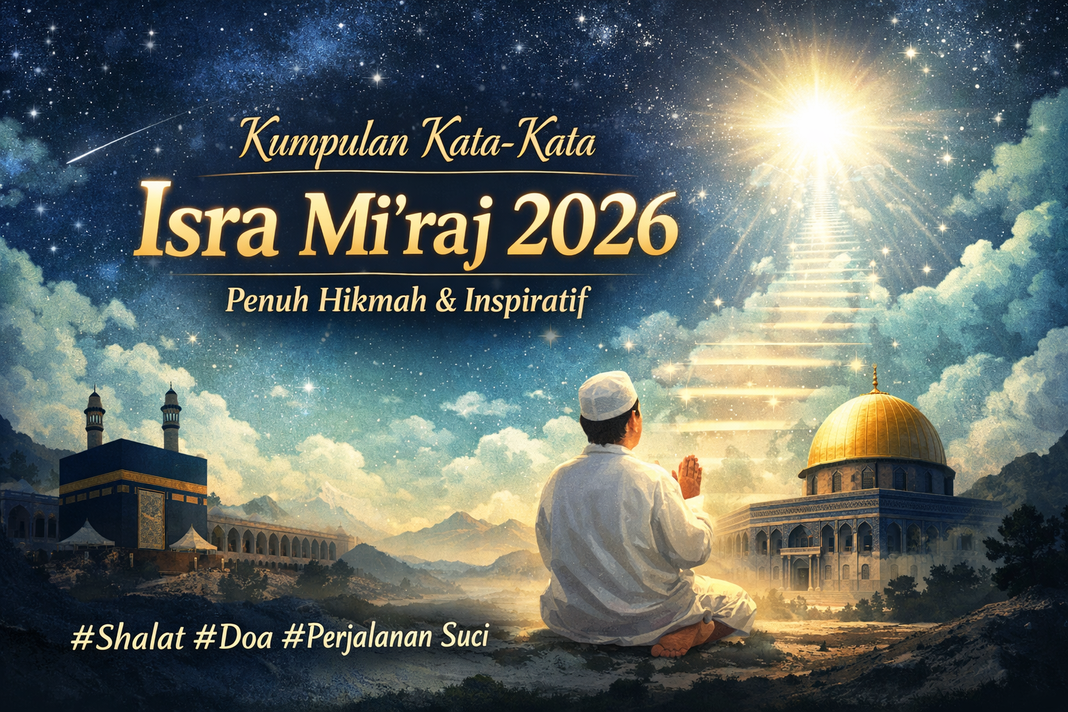 Ilustrasi bertema kata-kata Isra Mi’raj 2026 menampilkan Masjidil Haram dan Masjidil Aqsa di malam bercahaya bulan dan bintang, dengan tangga cahaya menuju langit, cocok sebagai visual pendukung untuk unggahan caption kata-kata Isra Mi’raj 2026 di media sosial.
