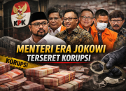 Kolase ilustrasi sejumlah menteri era Presiden Joko Widodo yang terseret kasus korupsi, dengan latar simbol Komisi Pemberantasan Korupsi (KPK), tumpukan uang, dan borgol. Gambar ini merepresentasikan berbagai perkara dugaan korupsi yang menjerat pejabat negara, mulai dari kasus bansos, proyek infrastruktur, hingga dugaan korupsi kuota haji di Kementerian Agama.