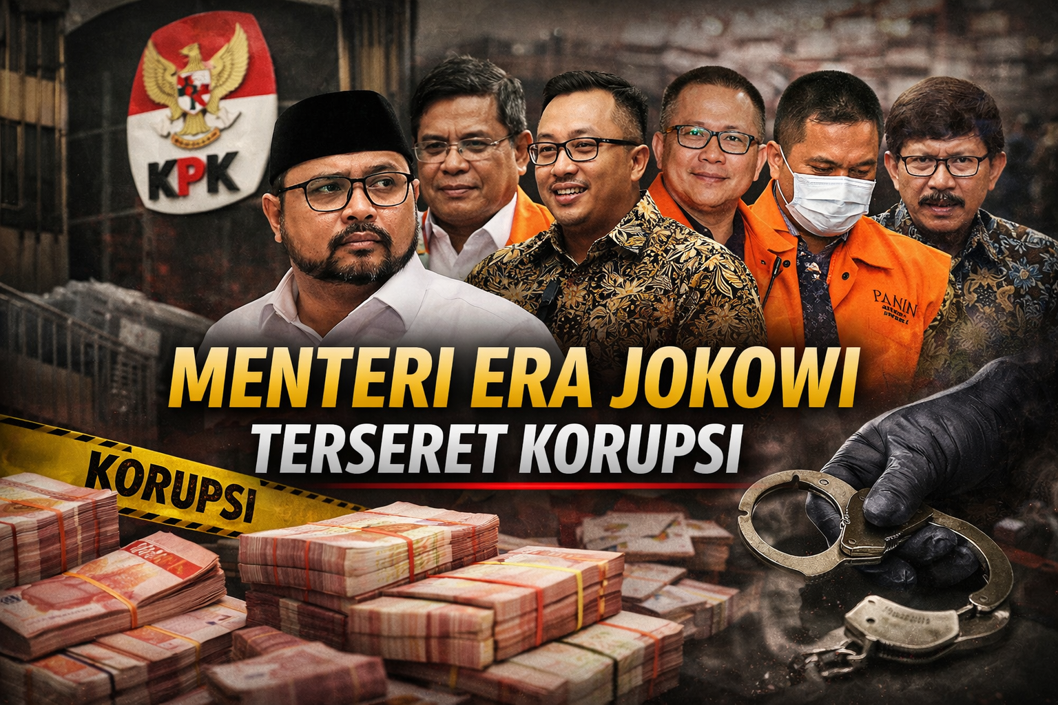 Kolase ilustrasi sejumlah menteri era Presiden Joko Widodo yang terseret kasus korupsi, dengan latar simbol Komisi Pemberantasan Korupsi (KPK), tumpukan uang, dan borgol. Gambar ini merepresentasikan berbagai perkara dugaan korupsi yang menjerat pejabat negara, mulai dari kasus bansos, proyek infrastruktur, hingga dugaan korupsi kuota haji di Kementerian Agama.