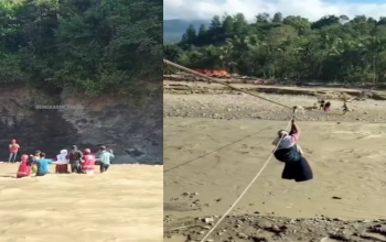 Nakes Aceh Tengah menyeberangi Sungai Kala Ilie di Kecamatan Linge bersama warga dan relawan menggunakan penyeberangan darurat untuk memberikan pelayanan kesehatan.