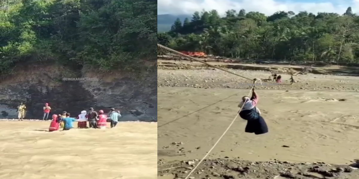 Nakes Aceh Tengah menyeberangi Sungai Kala Ilie di Kecamatan Linge bersama warga dan relawan menggunakan penyeberangan darurat untuk memberikan pelayanan kesehatan.