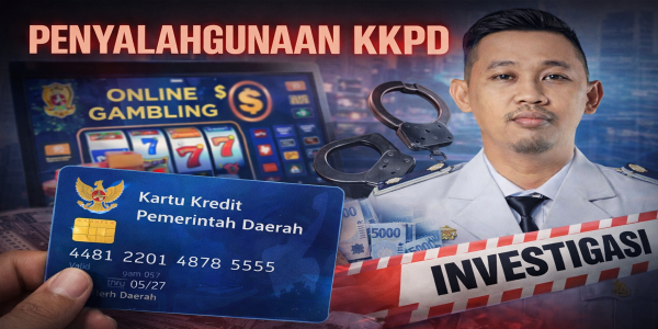 Ilustrasi penyalahgunaan KKPD berupa kartu kredit pemerintah daerah yang disalahgunakan untuk judi online, disertai simbol investigasi dan aparat pemeriksa.