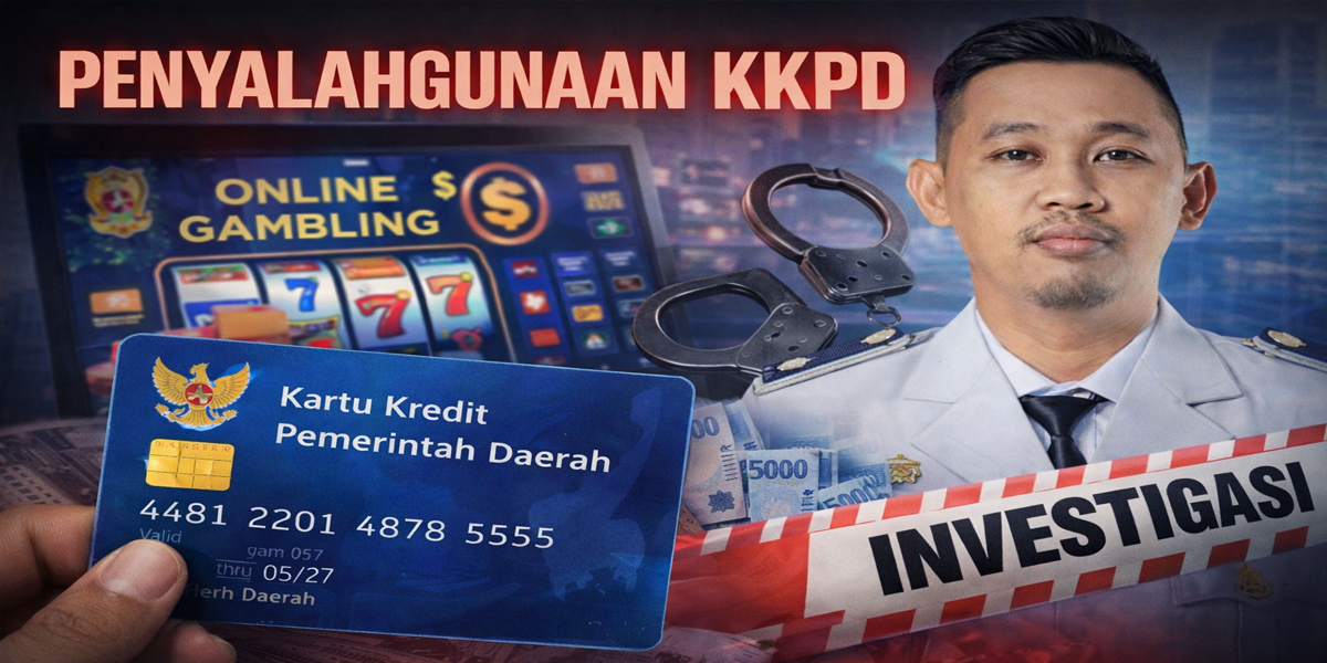 Ilustrasi penyalahgunaan KKPD berupa kartu kredit pemerintah daerah yang disalahgunakan untuk judi online, disertai simbol investigasi dan aparat pemeriksa.