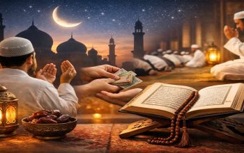 Ilustrasi amalan Ramadan 1447 Hijriah berupa membaca Al-Qur’an, berdoa, bersedekah, dan salat berjemaah di bulan Ramadan.