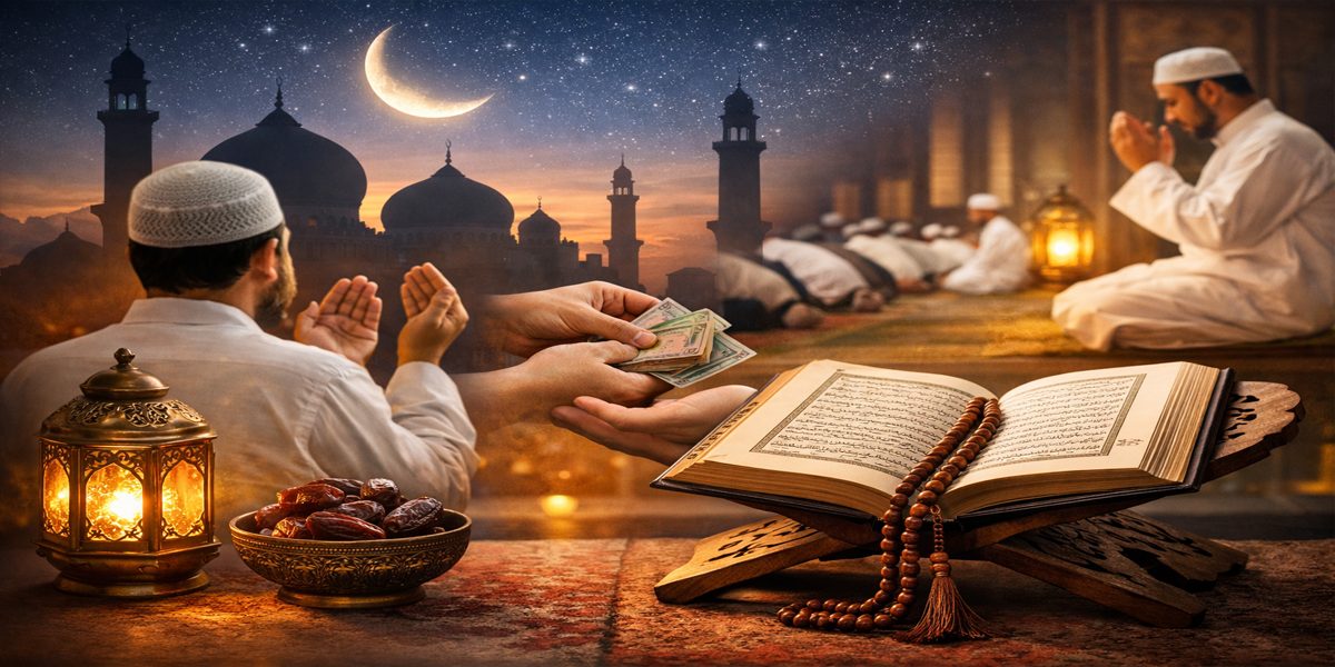 Ilustrasi amalan Ramadan 1447 Hijriah berupa membaca Al-Qur’an, berdoa, bersedekah, dan salat berjemaah di bulan Ramadan.