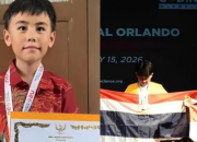 Siswa SD Bandung juara dunia Neo Science Olympiad 2025 Natanael Wiraatmaja memegang medali dan piagam penghargaan di ajang internasional Orlando 2025.