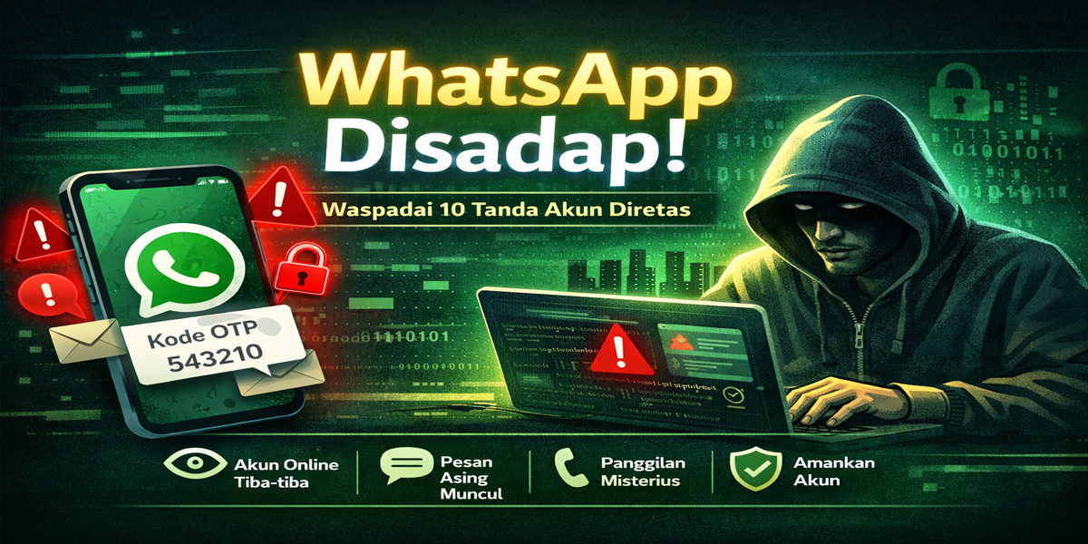 Ilustrasi WhatsApp disadap dengan tampilan ponsel, kode OTP, dan peretas sebagai simbol ancaman peretasan akun WhatsApp.
