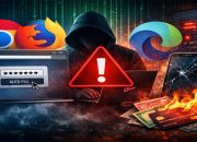 Ilustrasi bahaya menyimpan password di browser dengan tampilan autofill login, peringatan keamanan, dan ancaman peretasan data digital.