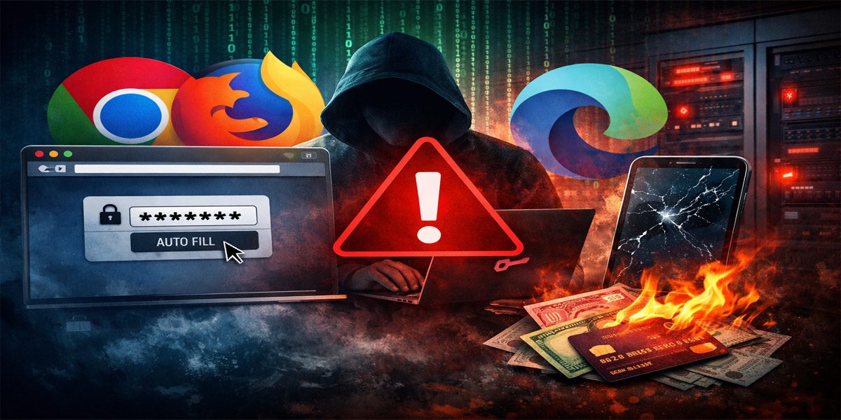 Ilustrasi bahaya menyimpan password di browser dengan tampilan autofill login, peringatan keamanan, dan ancaman peretasan data digital.
