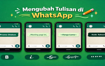 Ilustrasi cara mengubah tulisan di WA dengan contoh format teks tebal, miring, coret, dan monospace di layar smartphone.