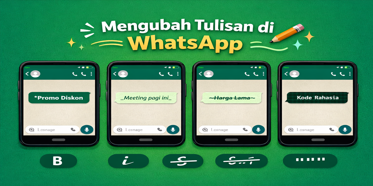 Ilustrasi cara mengubah tulisan di WA dengan contoh format teks tebal, miring, coret, dan monospace di layar smartphone.