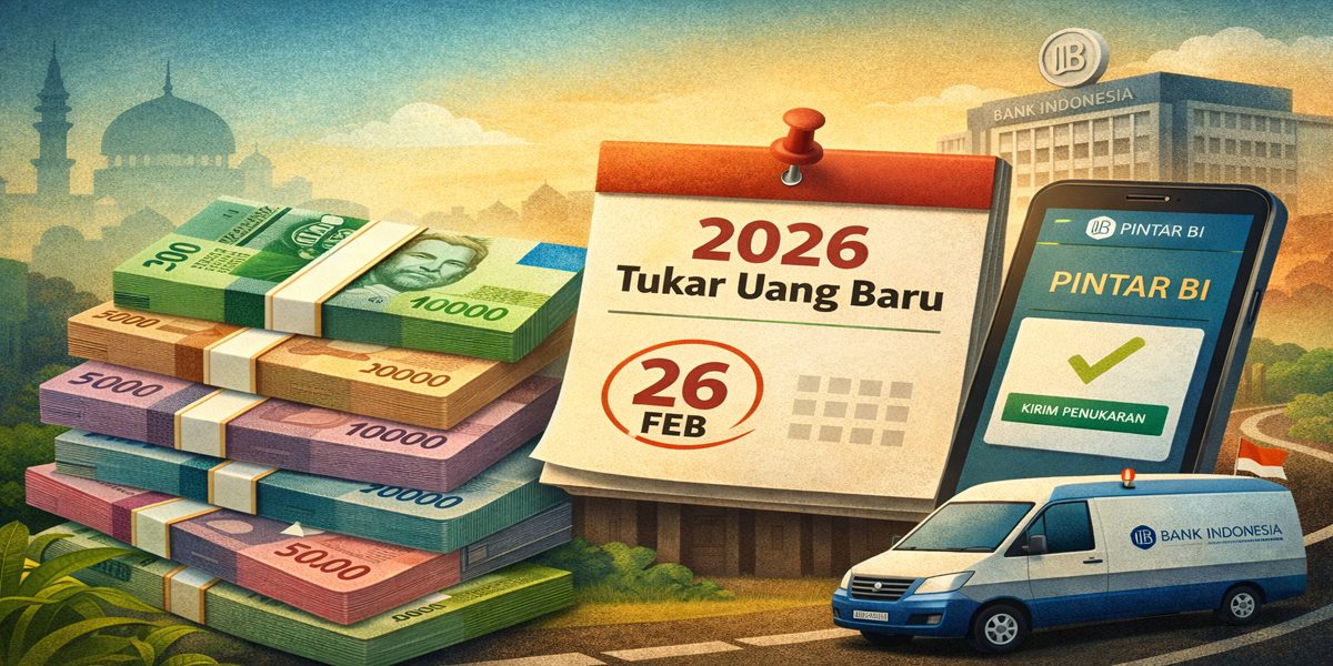 Ilustrasi aplikasi PINTAR BI dan kalender jadwal sebagai panduan cara tukar uang baru 2026 melalui layanan kas keliling Bank Indonesia.