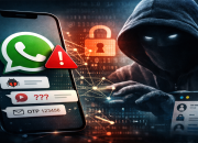 Ilustrasi ciri WhatsApp disadap dengan tampilan kode OTP, peringatan keamanan, dan sosok peretas di balik layar ponsel.