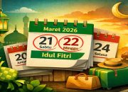 Ilustrasi kalender Maret 2026 dengan penanda Idul Fitri dan cuti bersama untuk libur Lebaran 2026 lengkap dengan ikon mudik dan suasana Islami.