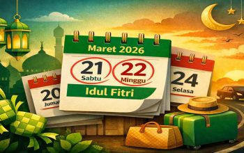Ilustrasi kalender Maret 2026 dengan penanda Idul Fitri dan cuti bersama untuk libur Lebaran 2026 lengkap dengan ikon mudik dan suasana Islami.