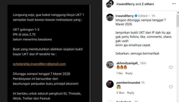 Ferry Irwandi Buka Beasiswa UKT 1 Semester untuk Mahasiswa, Pendaftaran Ditutup 7 Maret 2026