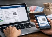 Ilustrasi akses layanan BI Pintar untuk download bukti pemesanan penukaran uang baru menggunakan laptop dan smartphone.