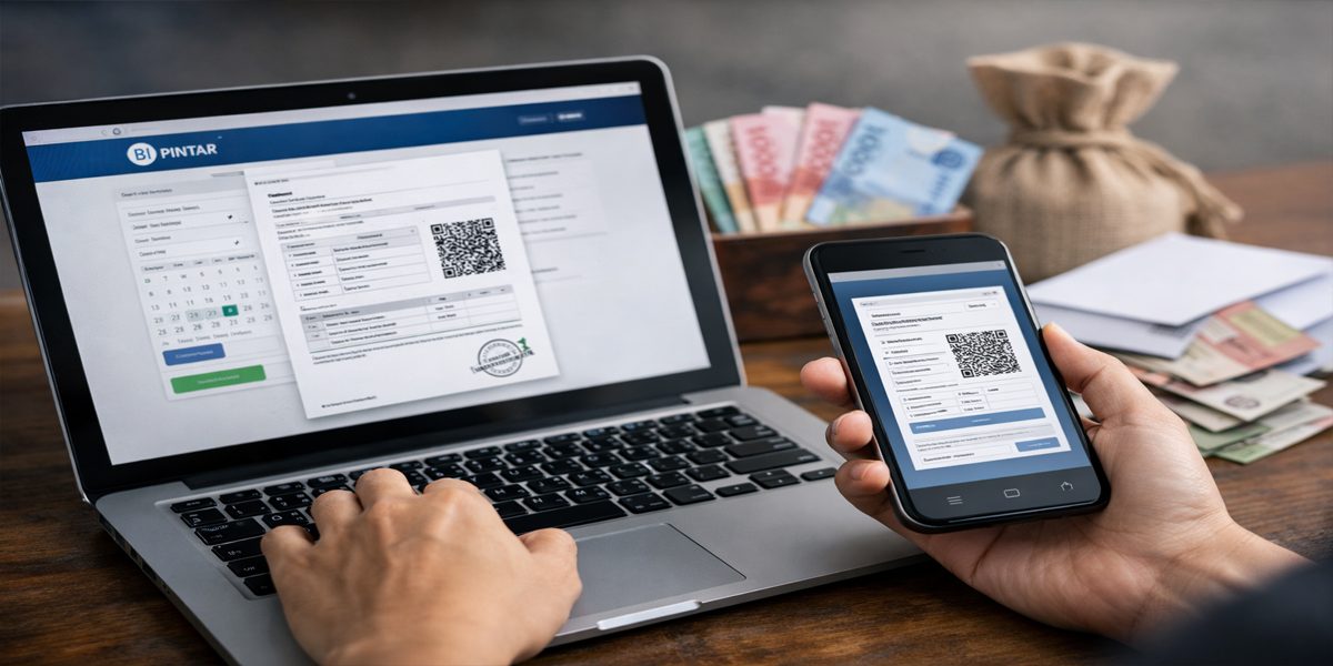 Ilustrasi akses layanan BI Pintar untuk download bukti pemesanan penukaran uang baru menggunakan laptop dan smartphone.
